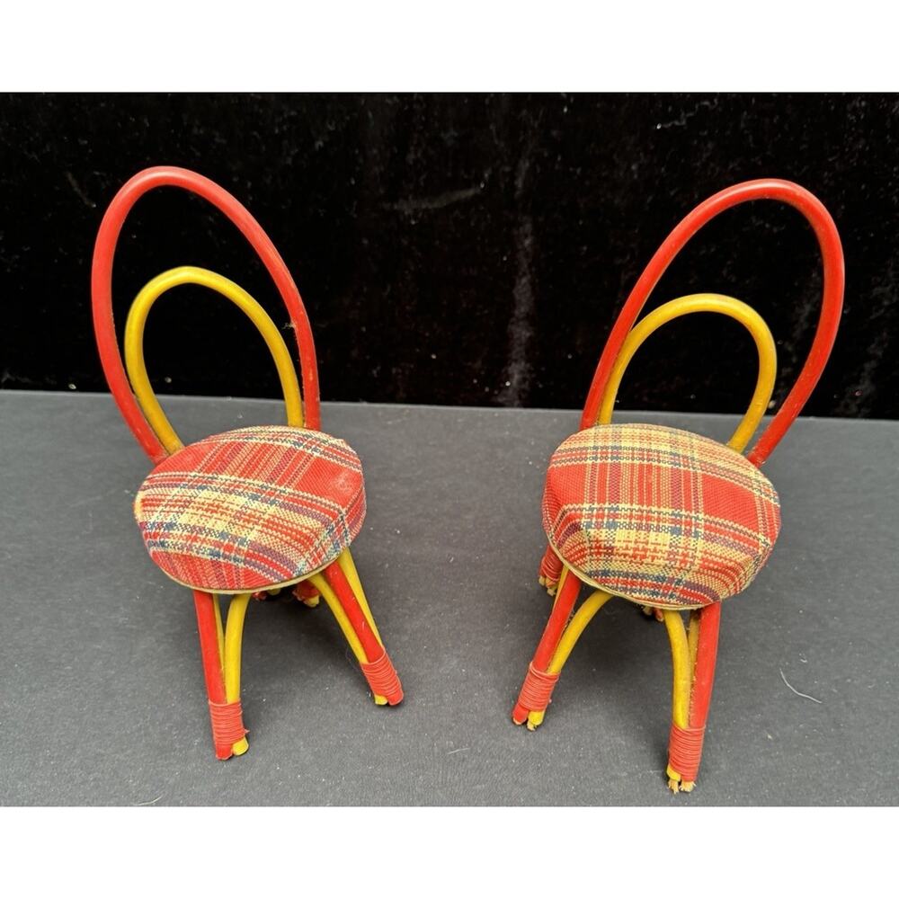 Vintage DOLLHOUSE Bent Wood PARLOR CHAIRS set of 2 Plaid Marked Japan